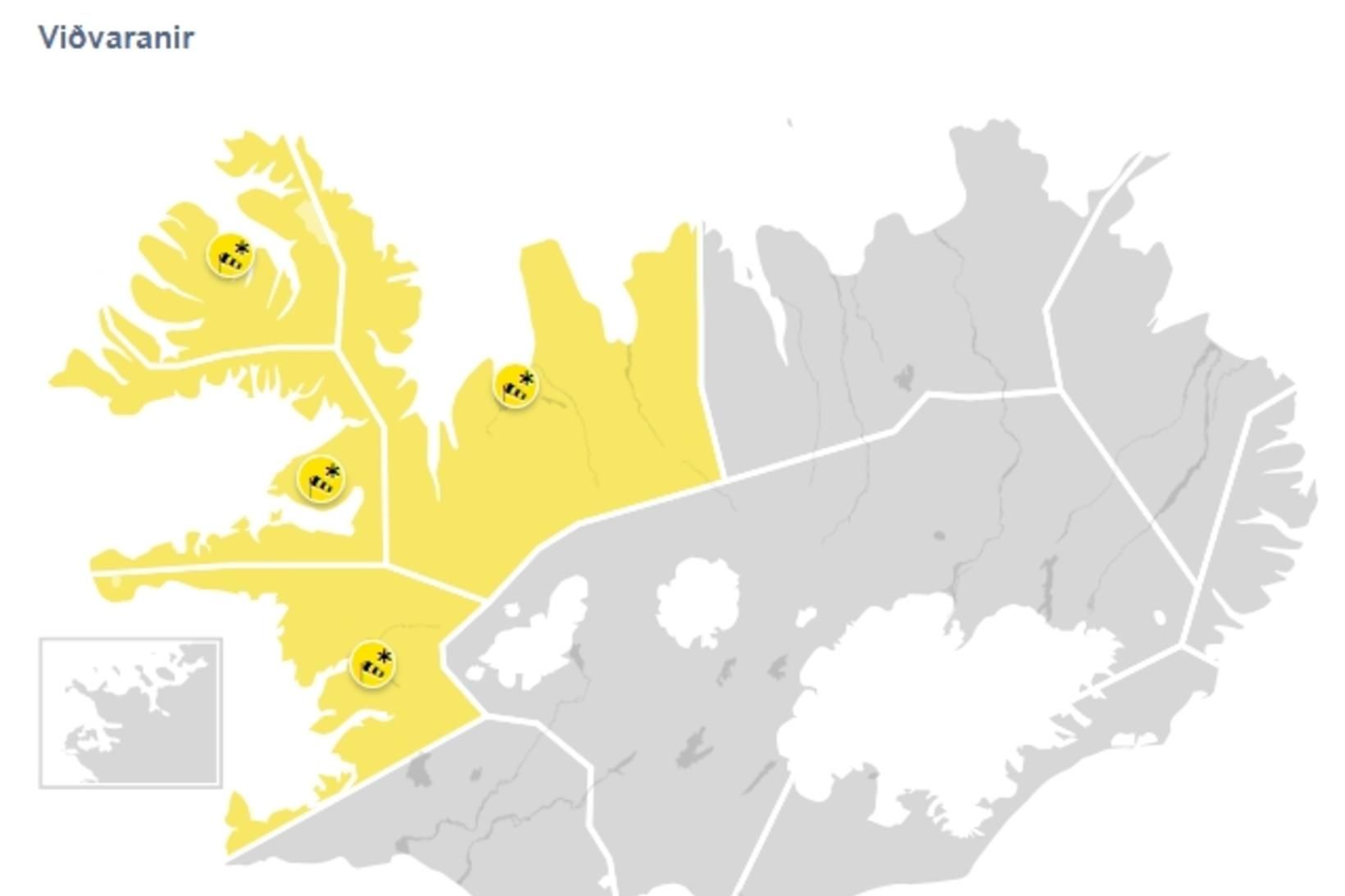 Gular viðvaranir vegna veðurs eru í gildi á Faxaflóa, Breiðafirði, …