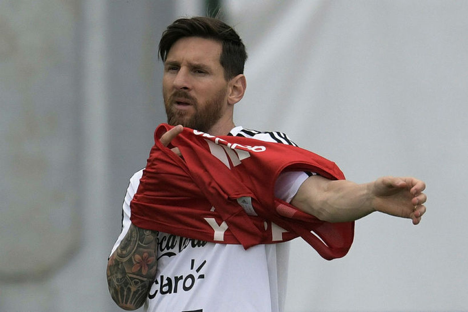 Lionel Messi á æfingu argentínska landsliðsins í dag.