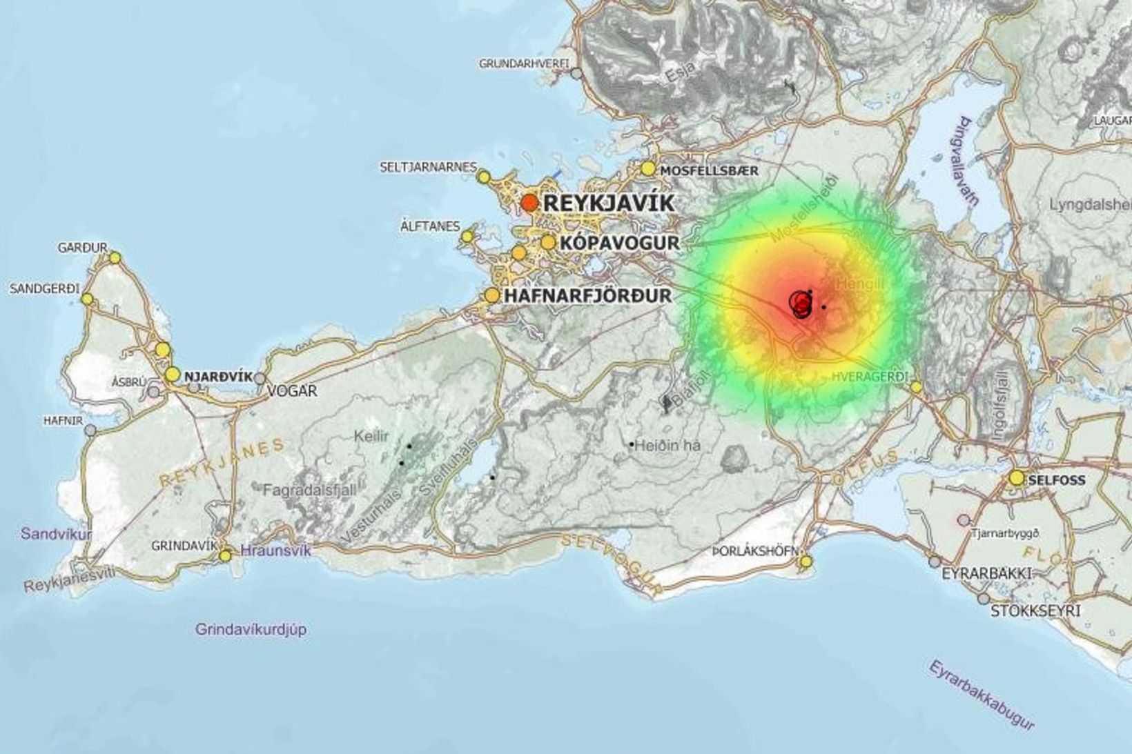 Skjálftahrinan hófst upp úr klukkan níu í morgun.