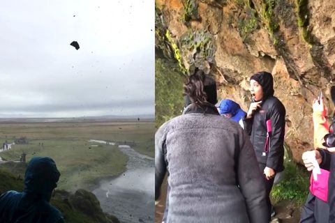 A screenshot from a video by tourist Reneé Green who witnessed the huge rocks falling at Seljalandsfoss.