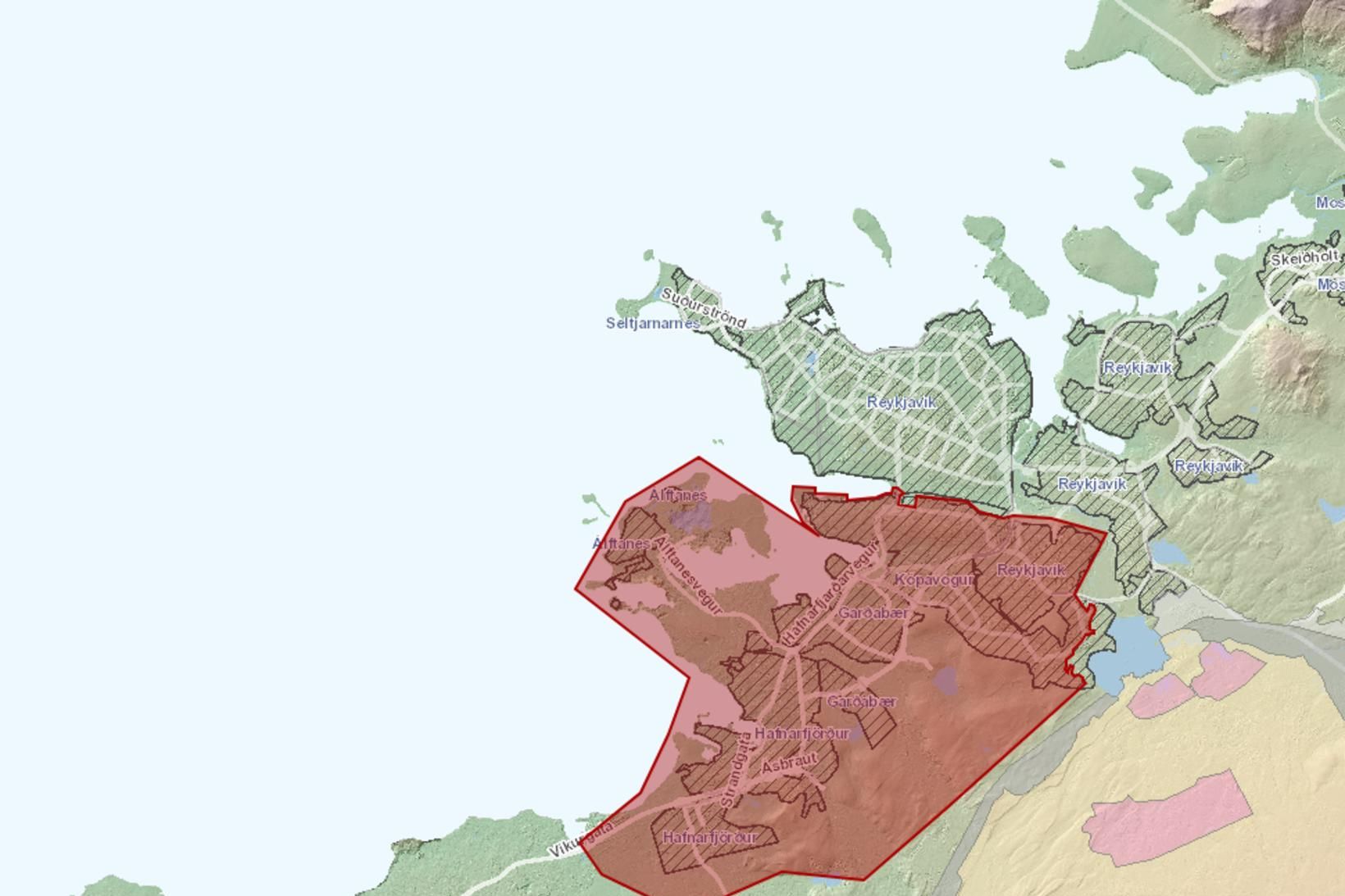 Hér má sjá svæðið þar sem verður heitavatnslaust þar til …