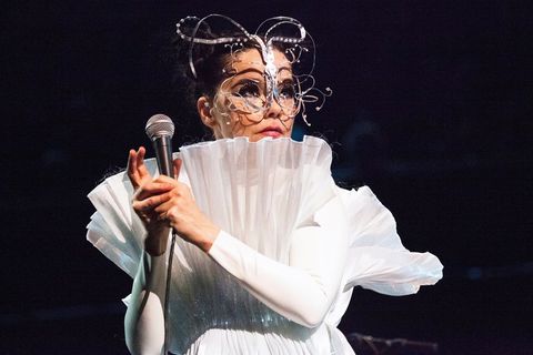 Björk at the Royal Albert Hall, here wearing a mask by James Merry and a stunning "light" dress by Icelandic designer Hildur Yeoman.
