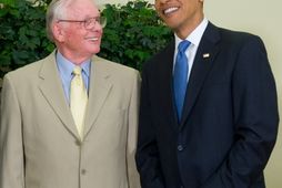 Barack Obama og Neil Armstrong í Hvíta húsinu árið 2009.