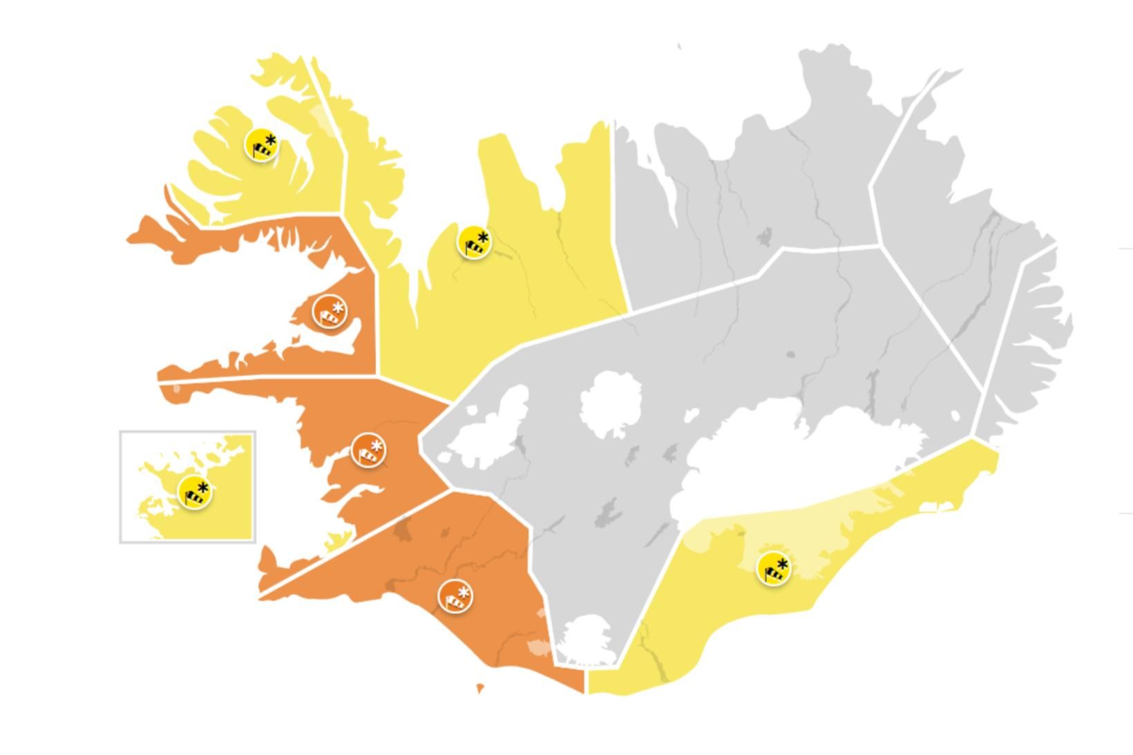 Appelsínugular viðvaranir eru í gildi.