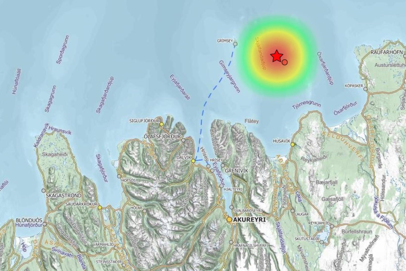 Skjálftinn fannst á Akureyri og Húsavík.