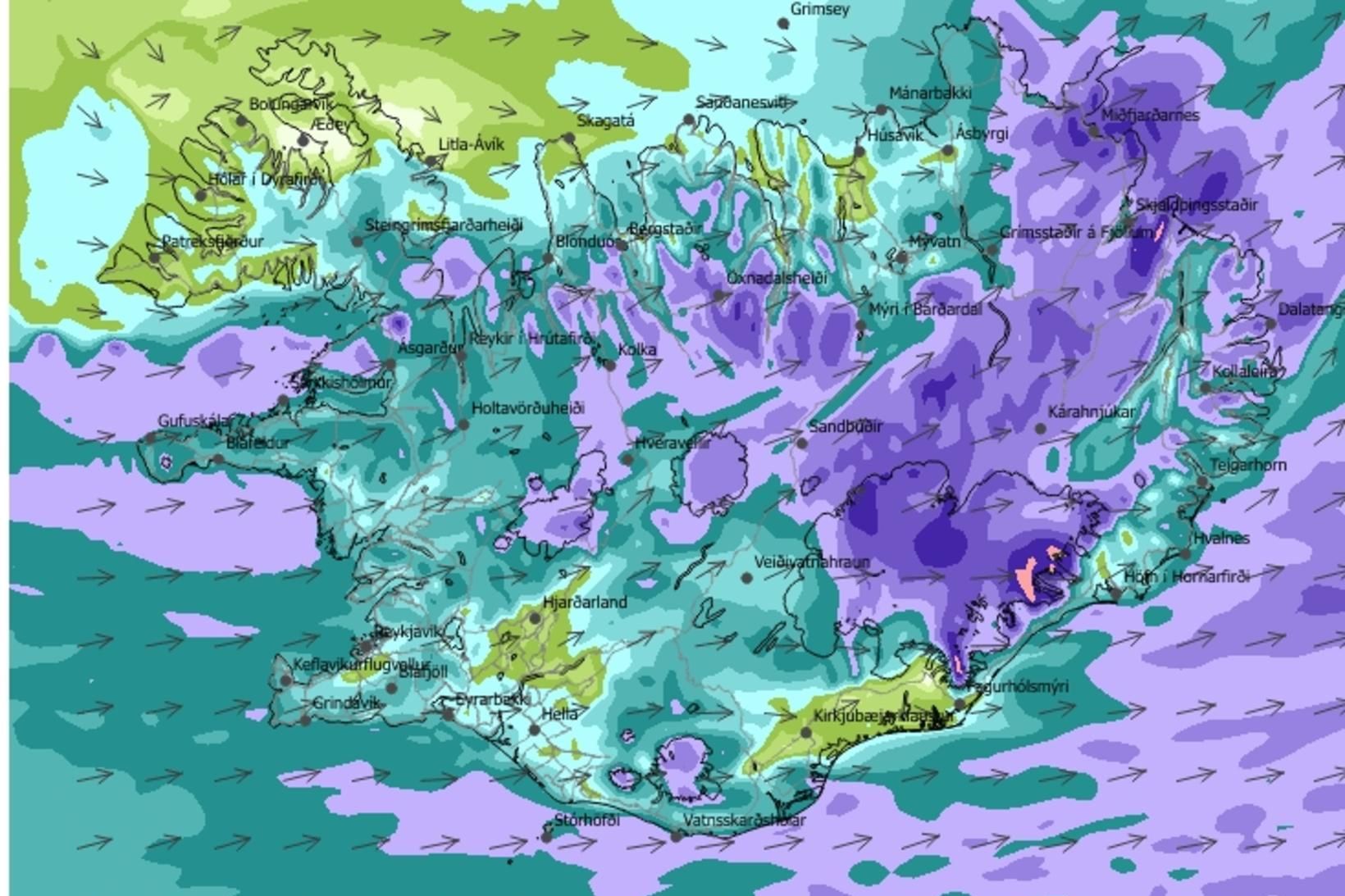 Vindaspá á landinu klukkan 9.