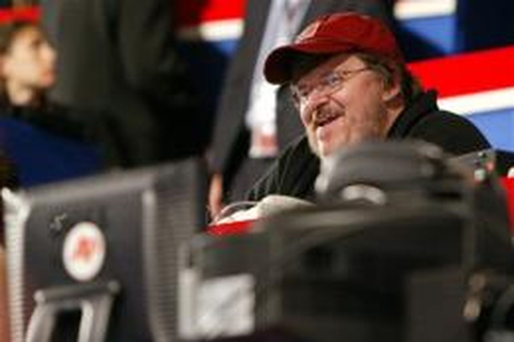 Michael Moore í blaðamannastúku á flokksþingi repúblikana í New York …