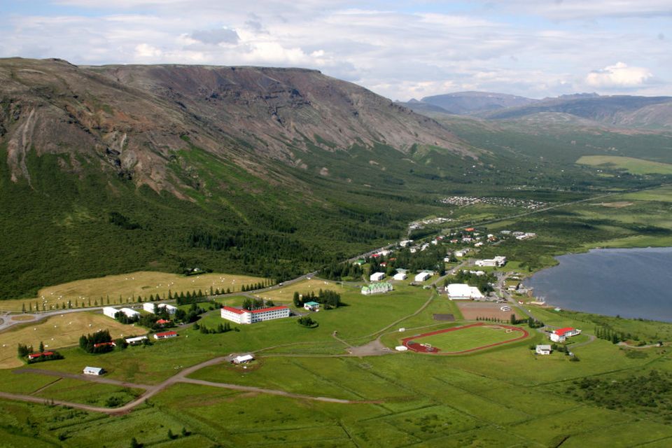 Skólaþorp. Laugarvatn undir skógi vaxinni hlíð.