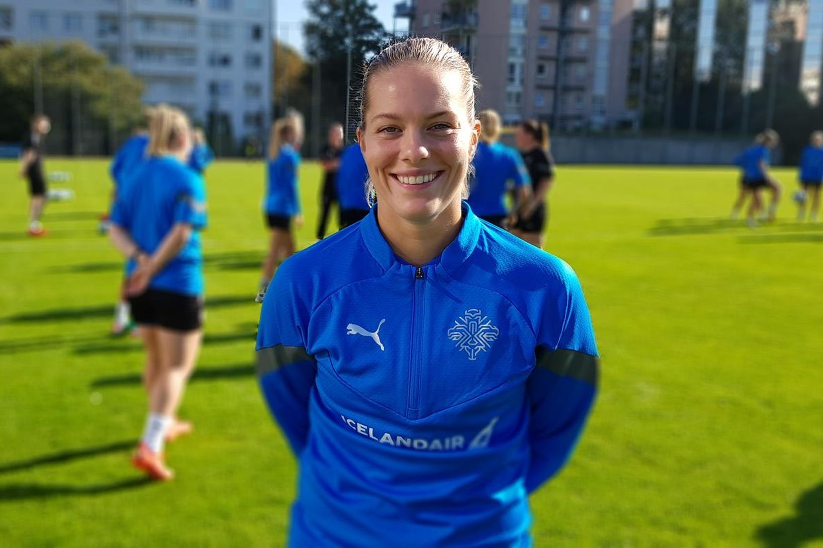 Hildur Antonsdóttir fyrir æfingu landsliðsins í Düsseldorf í dag.