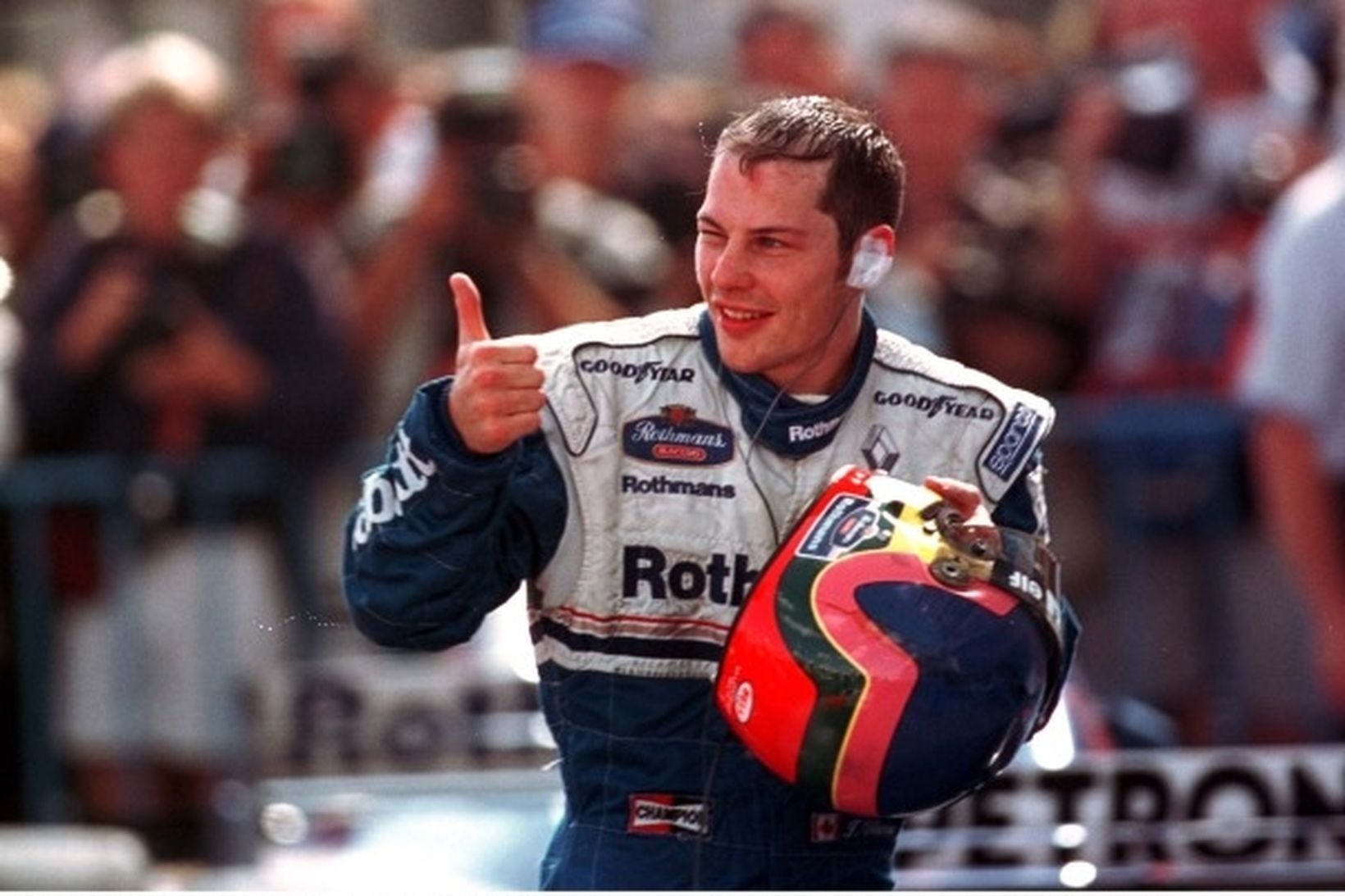 Jacques Villeneuve í keppnisgalla Williams 1997.