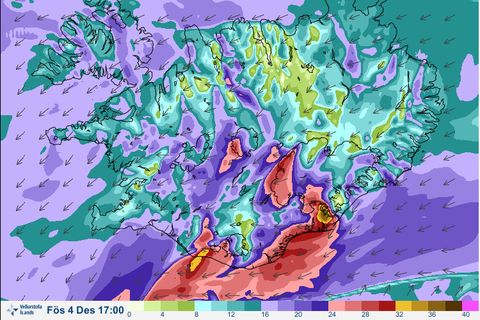 The red and orange colours represent the most severe windspeeds tomorrow.