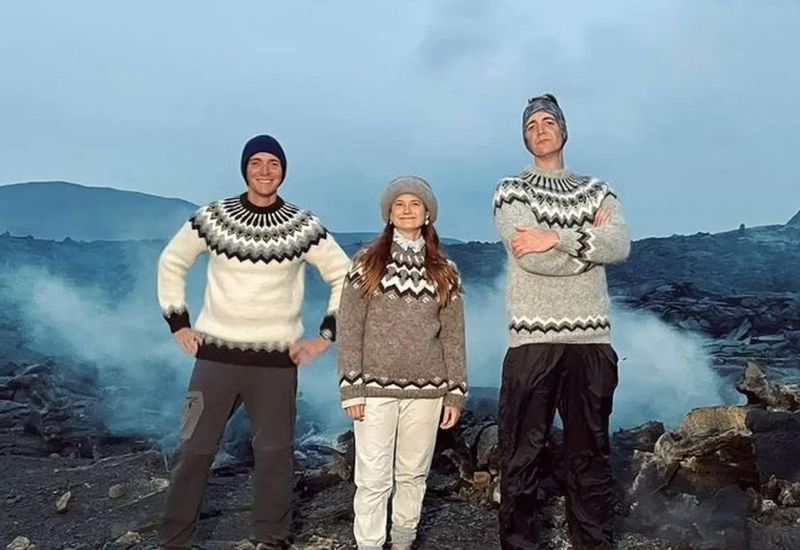 The threesome, wearing Icelandic lopi sweaters.