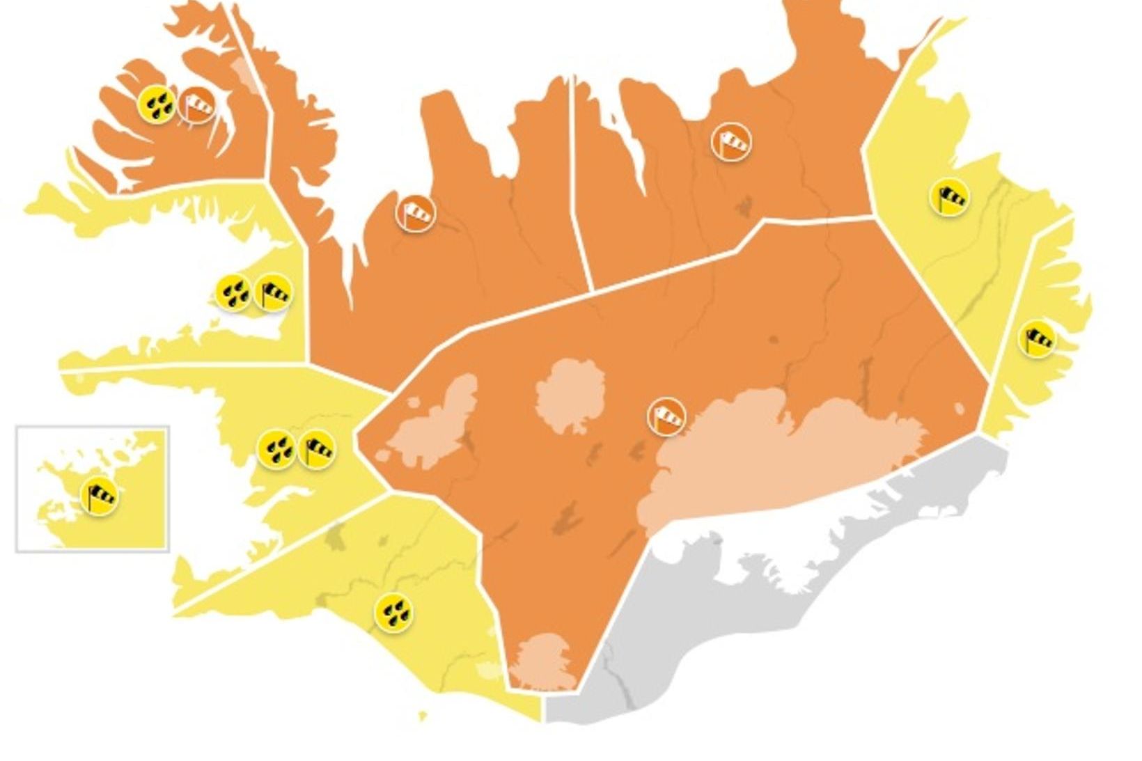 Appelsínugular- og gular viðvaranir víða um land