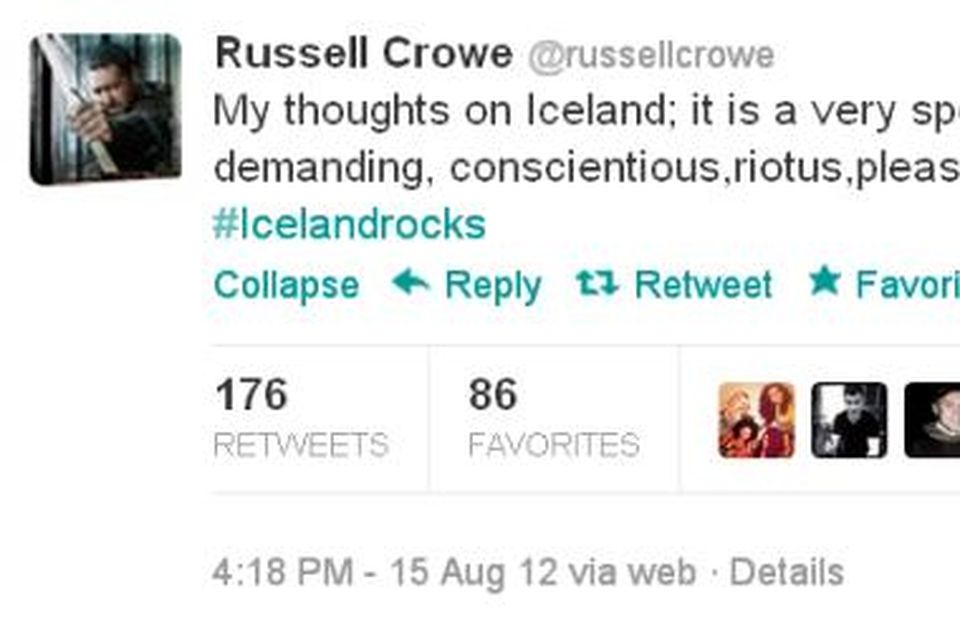 Russell Crowe tísti um hrifinginu sína á Íslandi á miðnætti í gær.