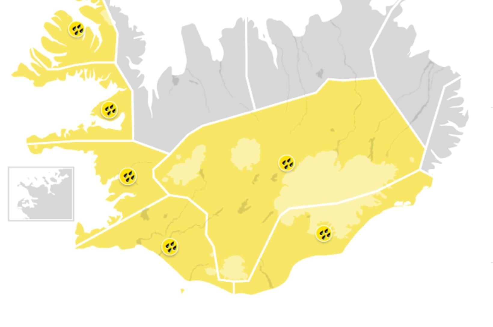 Gul viðvörun víða um land 