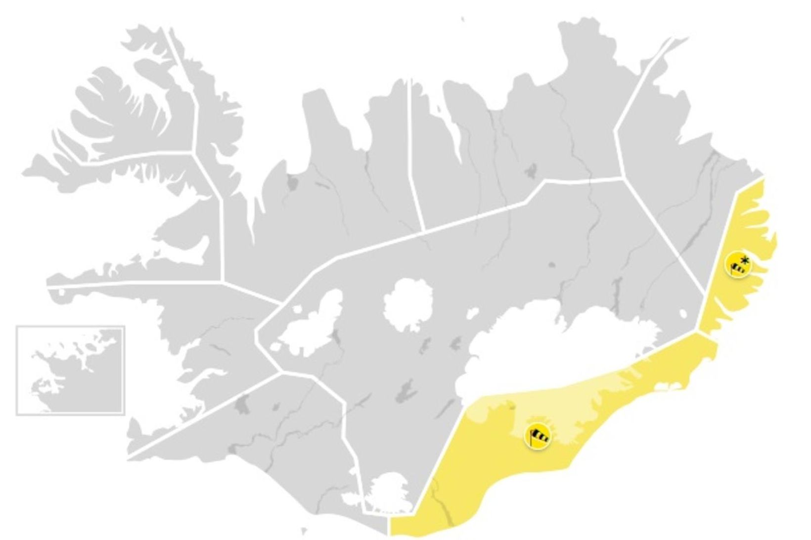 Gul viðvörun er á Austfjörðum og Suðausturlandi.