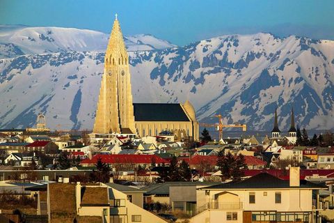 Hallgrímskirkja church towers over Reykjavik.