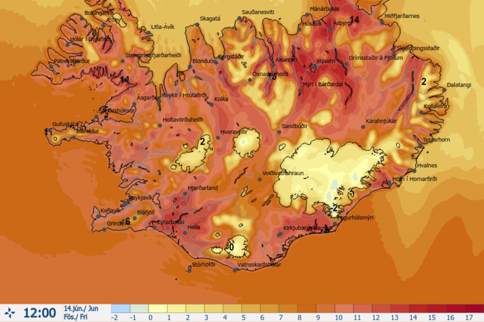 Hitaspá á landinu klukkan 12 á hádegi í dag.