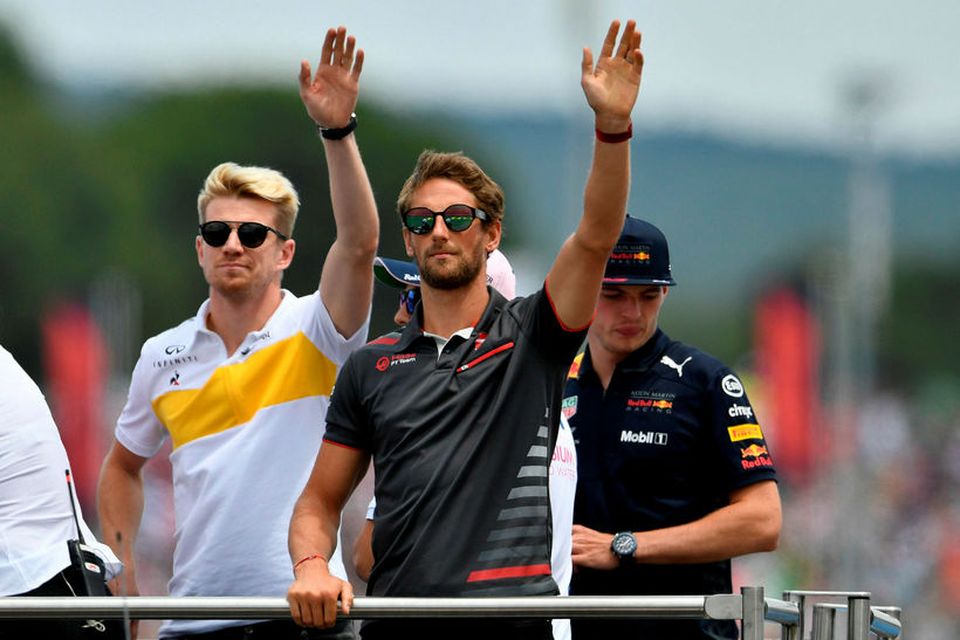 Á heiðurshring ökumanna, f.v. Nico Hülkenberg hjá Renault, Romain Grosjean á Haas og Max Verstappen …