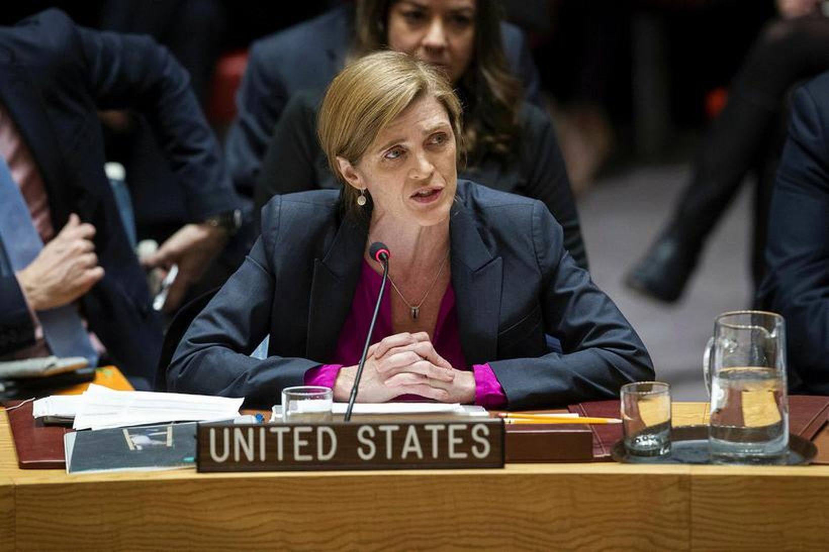 Samantha Power, sendifulltrúi Bandaríkjanna hjá Sameinuðu þjóðunum, varar bandarísk stjórnvöld …