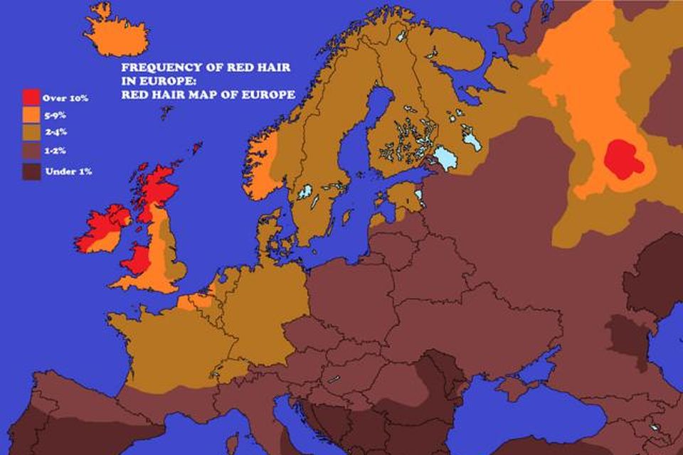 Þessi mynd sýnir hversu algengt rauðhært fólk er í löndum Evrópu.