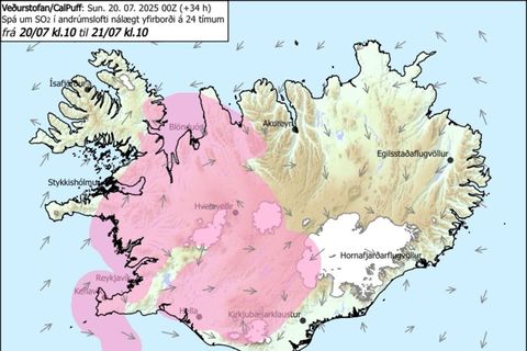 Spá Veðurstofu Íslands um dreifingu brennisteinsdíoxíðs (SO&#8322;) næsta sólarhring.