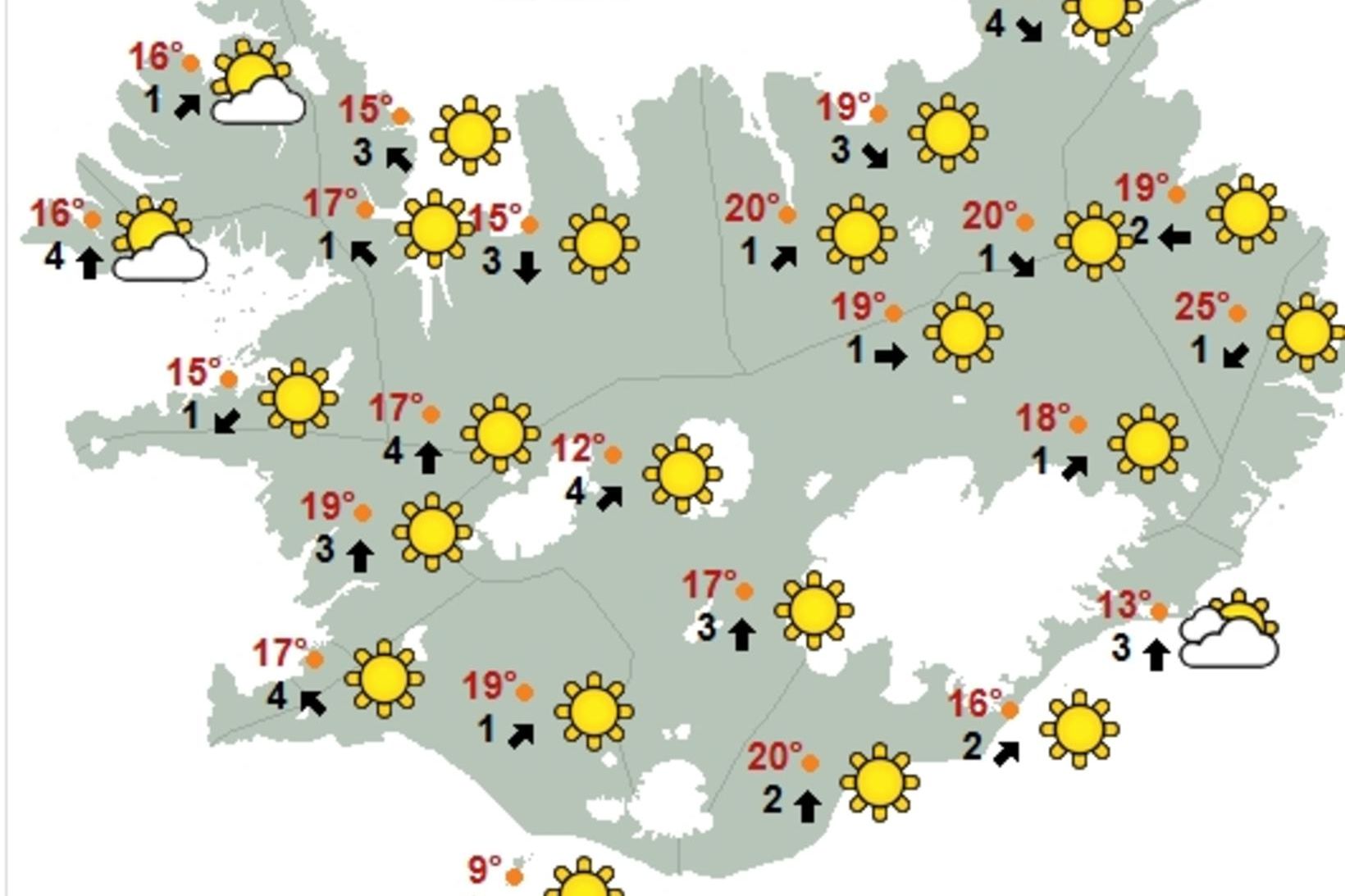 Kort Veðurstofu Íslands klukkan 12 á sunnudaginn.