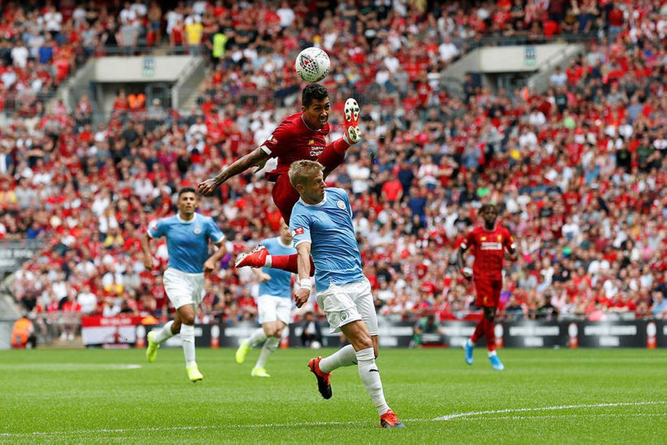 Roberto Firmino og Oleksandr Zinchenko á Wembley í dag.