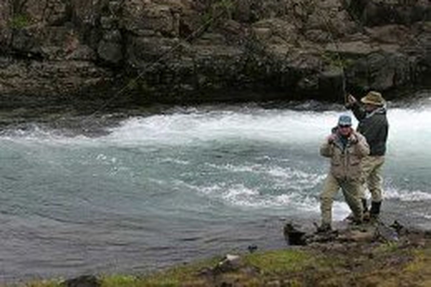 Menn við laxveiðar í Laxá í Kjós.