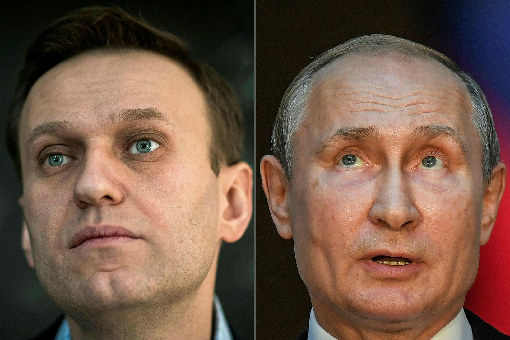 Alexei Navalny (til vinstri) og Vladimir Pútín Rússlandsforseti á samsettri …