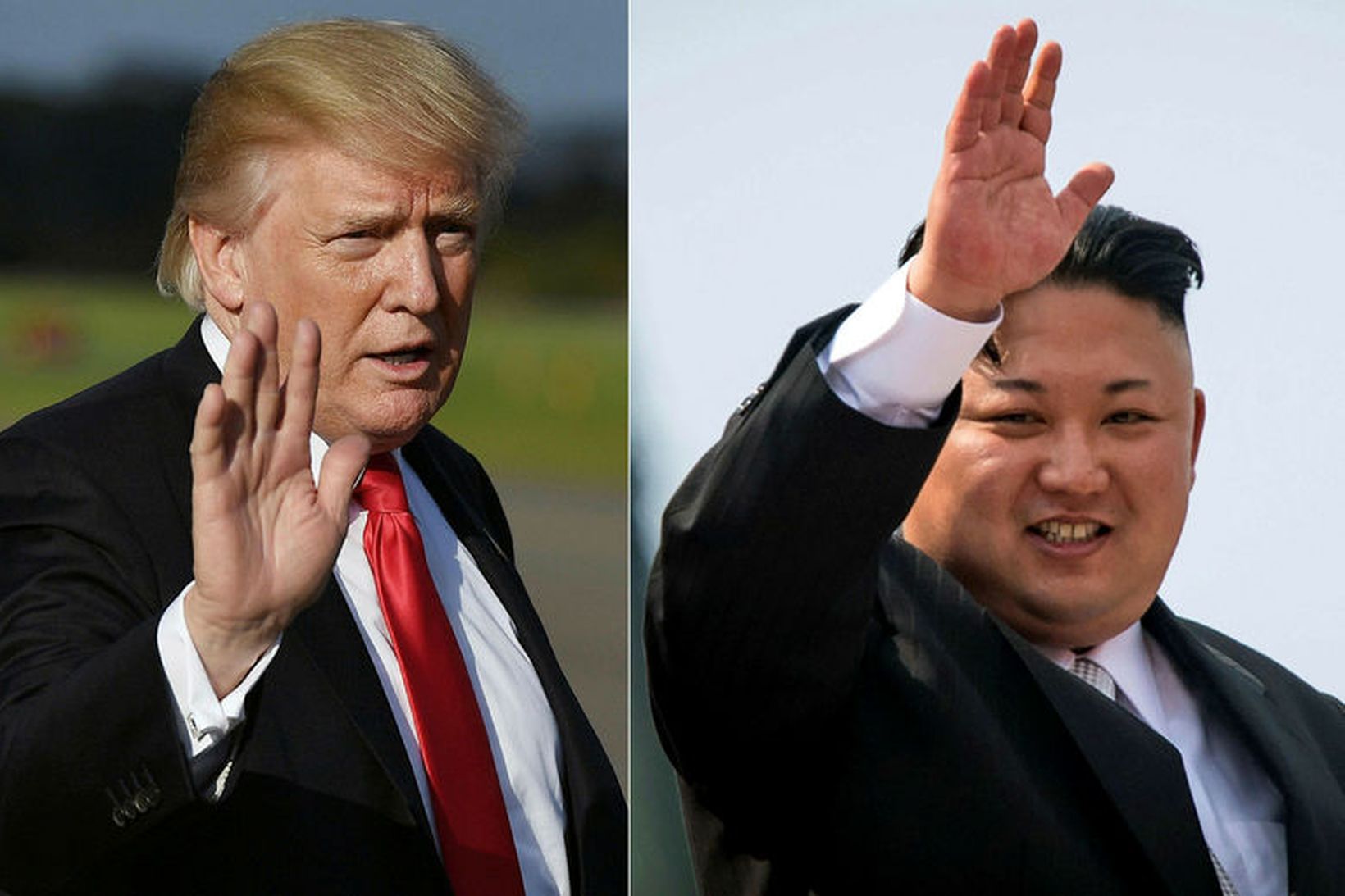 Samsett mynd af Donald Trump Bandaríkjaforseta og Kim Jong-Un, leiðtoga …