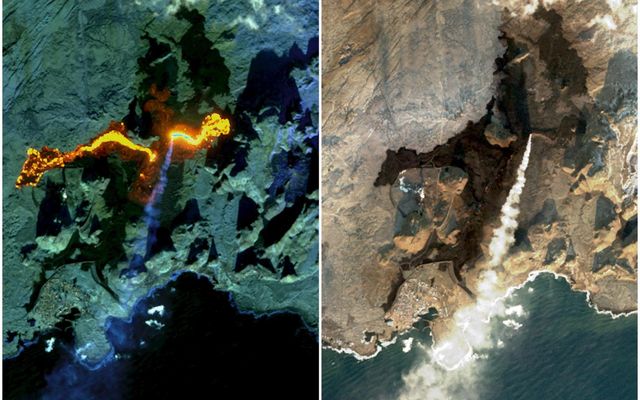 Gervitungl Nasa, Landsat-8, tók þessar myndir úr lofti af gosstöðvunum fyrr í dag.