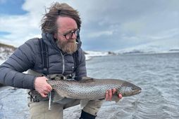 Denni lenti í hörku fjöri neðarlega á svæði eitt. Hér er búið að landa einum …