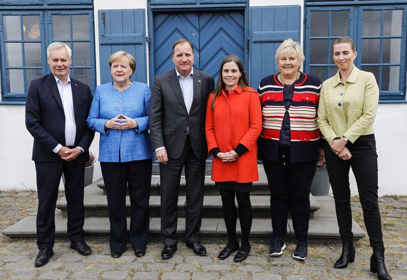 On Viðey island. From left, Finnish PM Antti Rinne, German Chancellor Angela Merkel,  Swedish PM Stefan Löfven, Icelandic PM Katrín Jakobsdóttir, Norwegian PM Erna Solberg, and Danish PM Mette Frederiksen.