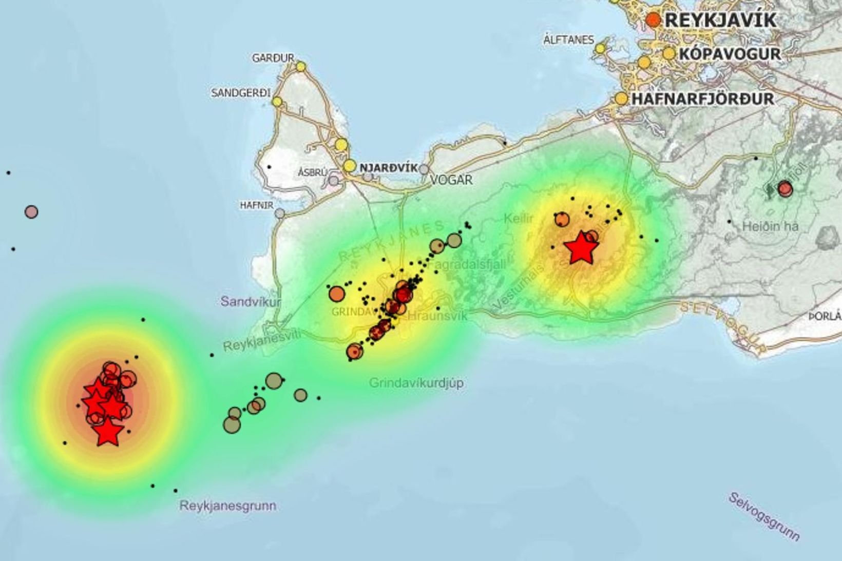 Skjálftavirkni á Reykjanesskaga frá miðnætti.