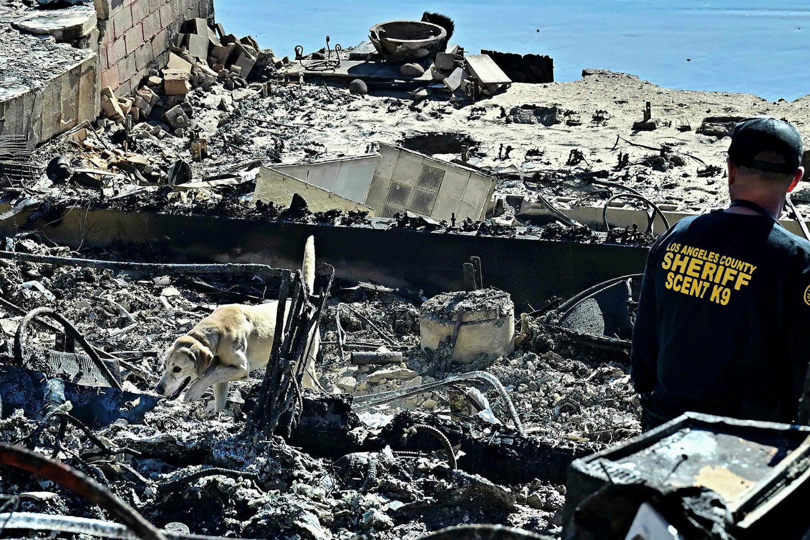 Rústir fasteigna við ströndina sem hafa eyðilagst í Palisades-eldunum.