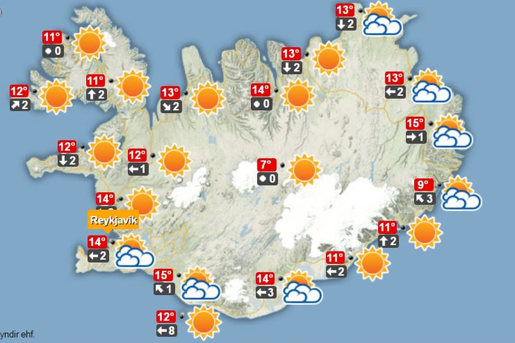 Svona lítur veðurspáin út kl. 12 á morgun.