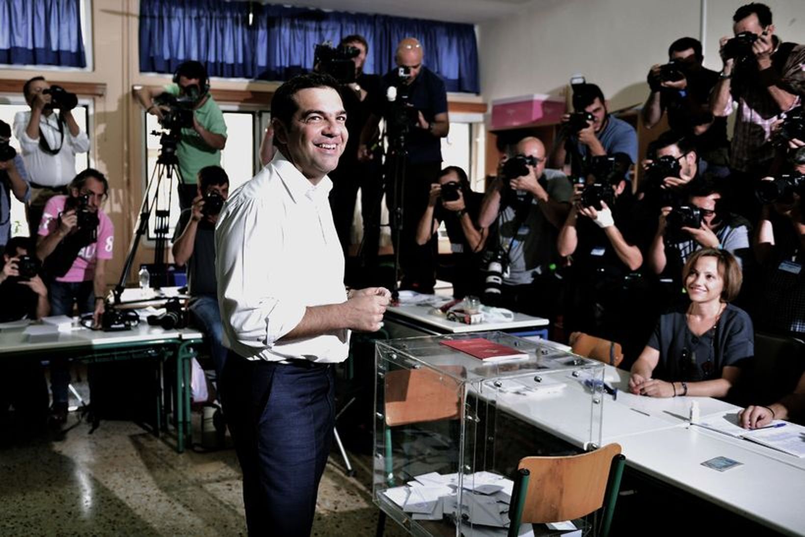Alexis Tsipras, forsætisráðherra Grikklands og leiðtogi Syriza, á kjörstað í …