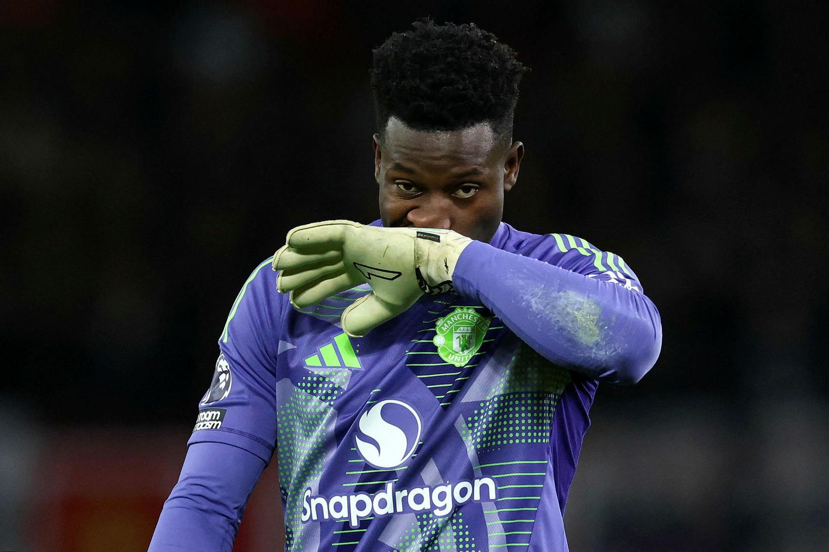 André Onana, markvörður Manchester United, svekktur eftir leik.