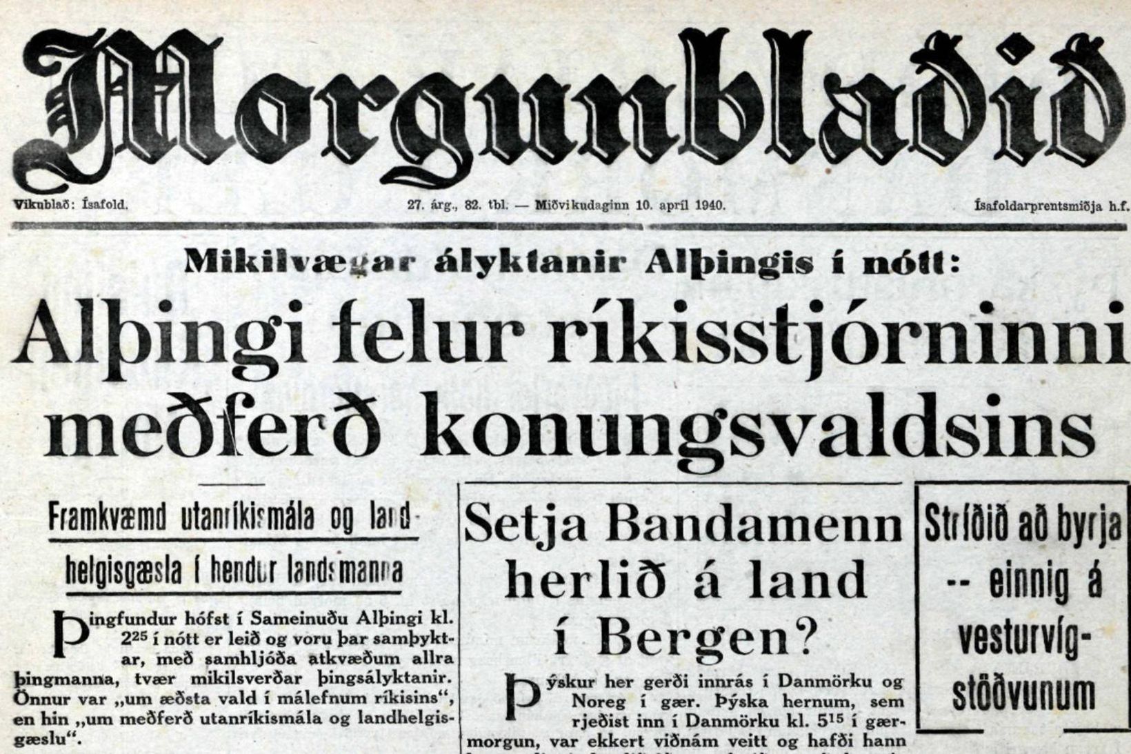 Forsíða Morgunblaðsins að morgni 10. apríl 1940.