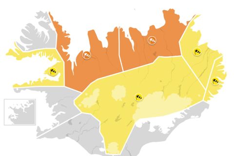 Gular og appelsínugular veðurviðvaranir taka gildi á morgun.