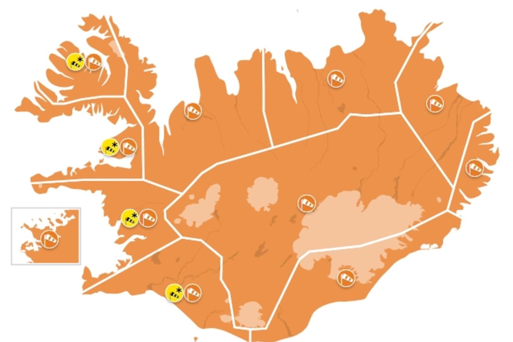 Veðurstofa Íslands hefur gefið út appelsínugular viðvaranir fyrir allt landið …