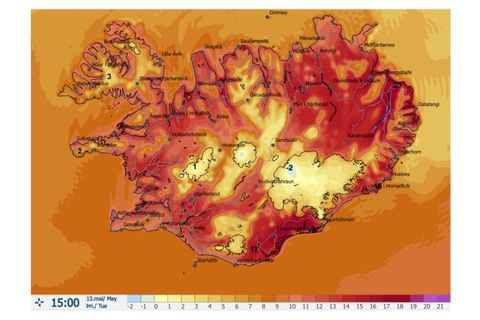 Hiti verður víða á bilinu 11 til 20 stig en það þykknar upp vestanlands annað …