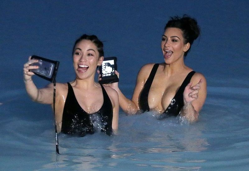 Stephanie Sheppard and Kim Kardashian having fun taking selfies in the Blue Lagoon.