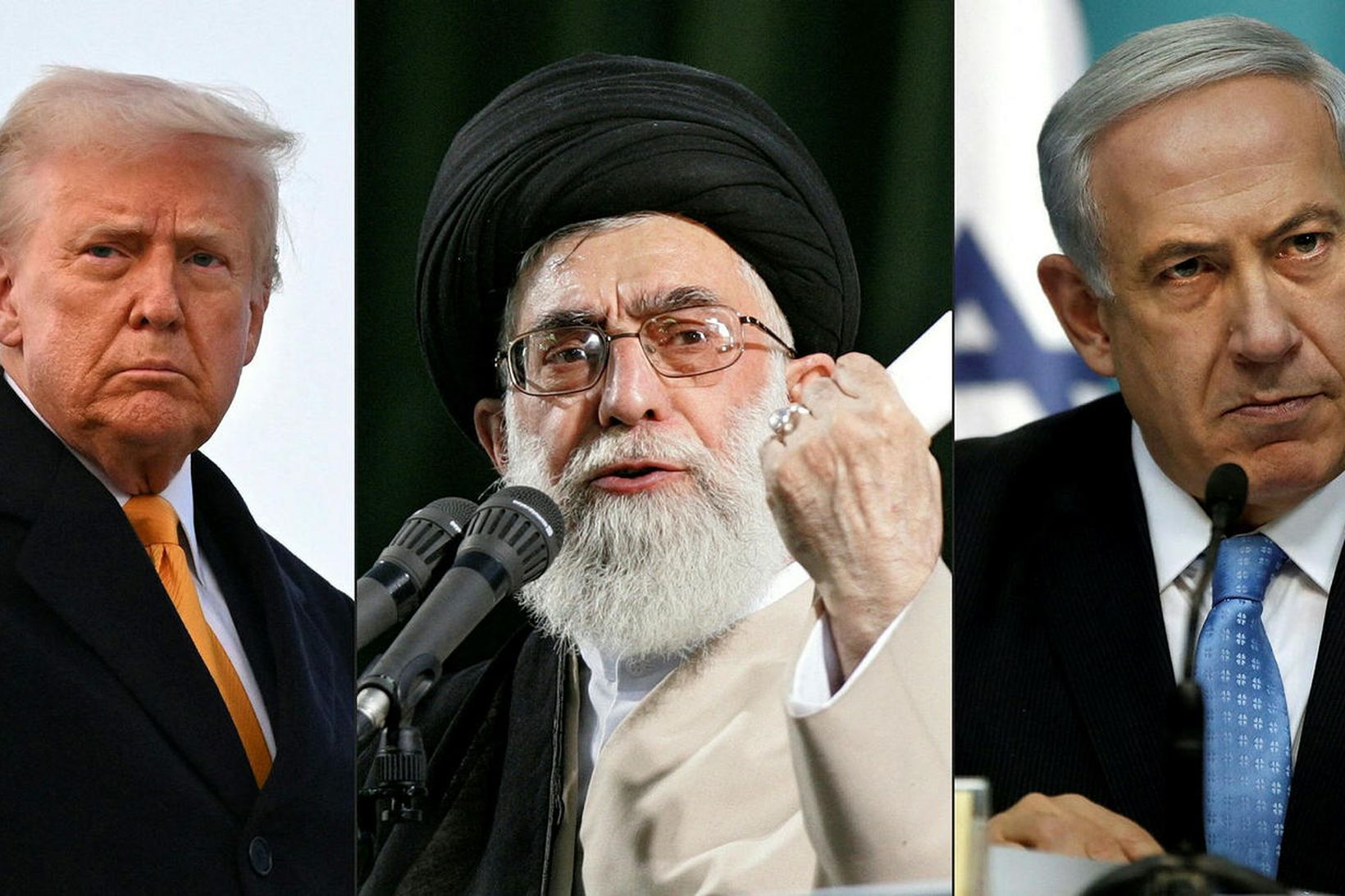 Trump, Khamenei og Netanjahú.