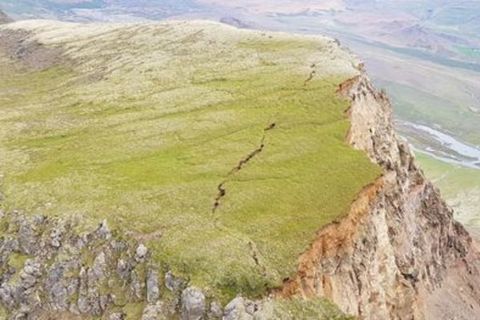 An aerial view of the crevice in Fagraskógarfjall mountain.