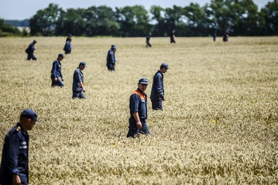 Úkraínskir björgunarsveitamenn leita að líkum í námunda við brakið af MH17, sem talið er að …