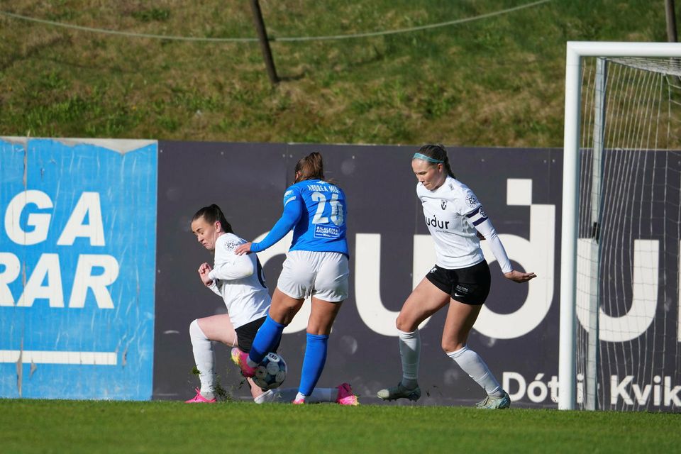 Andrea Mist Pálsdóttir úr Stjörnunni reynir skot en Arna Eiríksdóttir fyrirliði FH er til varnar.