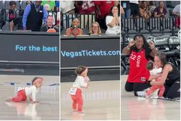 Lítil stúlka stal senunni í hálfleiksskemmtun WNBA í Las Vegas á dögunum.