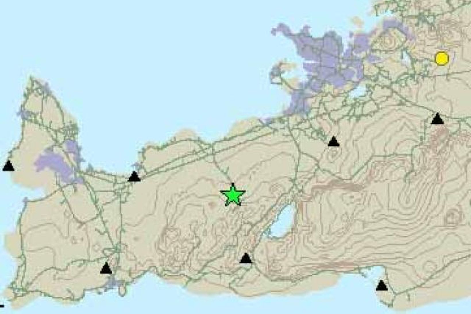 Stjarnan sýnir hvar upptök skjálftans voru. Myndin er tekin af …